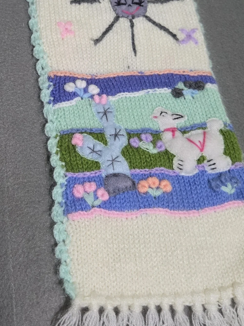 Whimsical Knit Scarf Lambs Chicks Sun Rain Cloud Embroidered Fringe Cottagecore